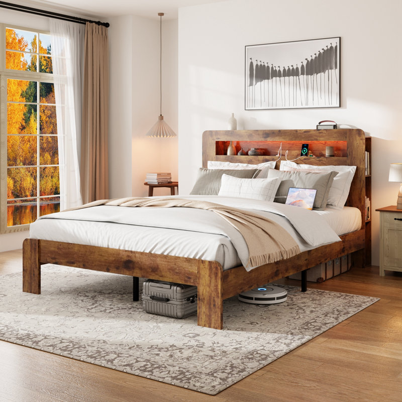 Lit très grand lit avec tête de lit à DEL avec rangement et 2 ports USB, Marron foncé