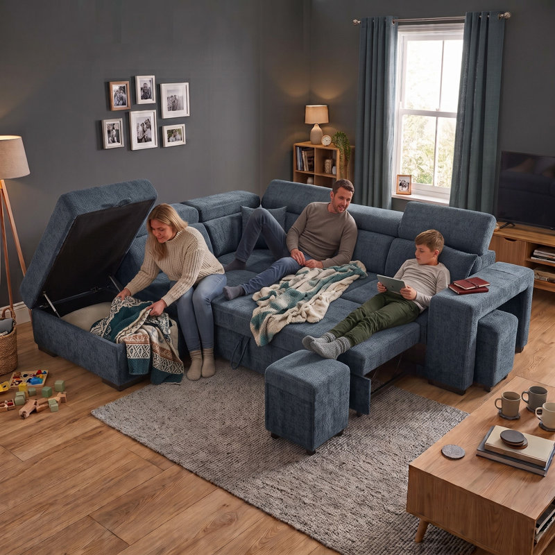 4 Seater Corner Sofa , Left Hand Facing, Blue Chenille