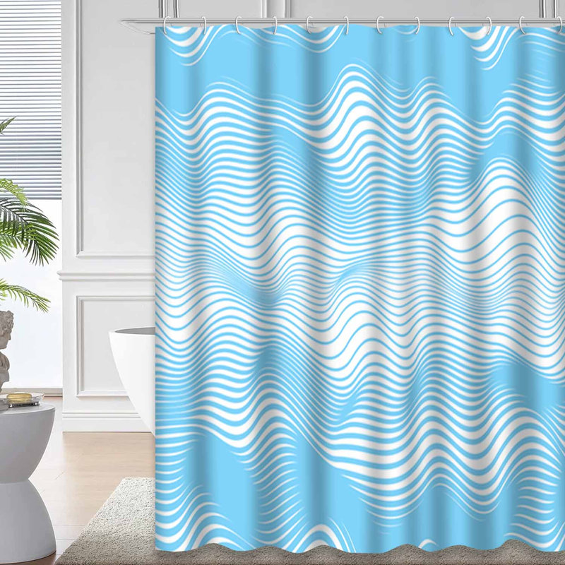 Rideau de douche abstrait à lignes horizontales ondulées bleues avec 12 crochets, L 72 po x l 78 po