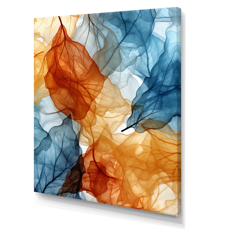 Rétro motif de feuille orange et bleu - formes abstraites, art mural, salon, Toile tendue, H 44 po x l 34 po x P 1,5 po
