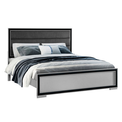 Très grand lit gris noir avec tête de lit en bois massif et en bois d'ingénierie à DEL, finition argentée épurée et garniture décorative noire, 84 po x 79 po 56 po, 113,95 lb