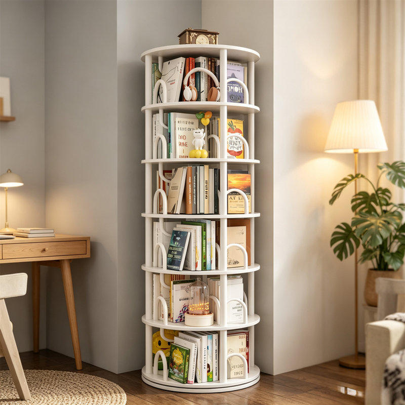 Corner Shelf, Solid Wood Rotating Bookshelf Tower with Wheels, Black