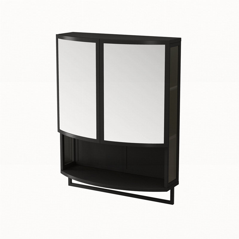 Garde-robe moderne en verre arqué 23,62 "à double porte avec miroir incassable en verre à double couche, tablette ouverte et porte-serviettes pour l'entrée, le salon, la salle de bain, la salle à manger (noir)