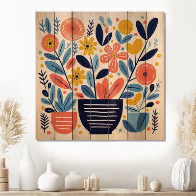 Yellow And Blue Bohemian Vase Pottery Blooms I - Boho Pottery On Wood Print