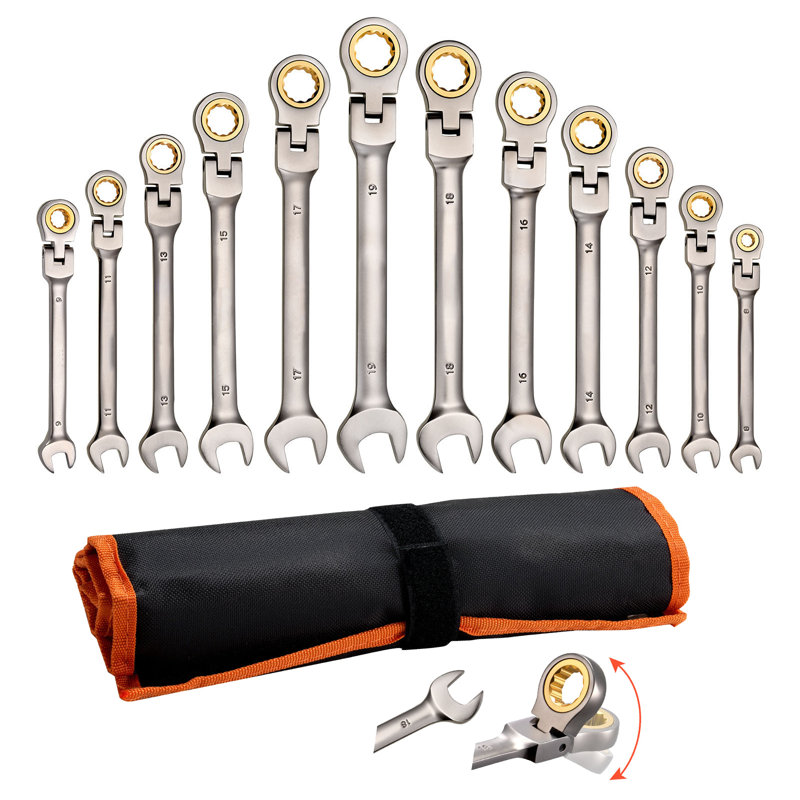 Flex-Head Ratcheting Wrench Set, 12-Piece Metric 8 mm to 19 mm, 72 Teeth, Cr-V Steel Ratchet Flexible Combination Wrench Set with Roll Up Pouch, for General Household and Automotive Repairs
