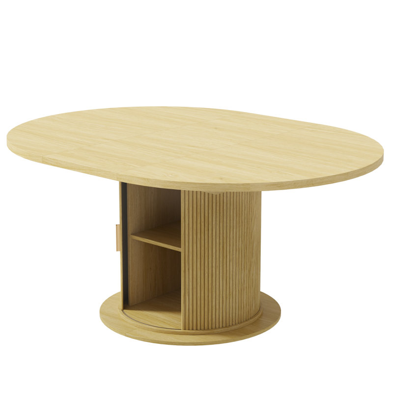 47-63In Extendable Round Dining Table For 4-8, Modern Kitchen Dining Table With 2-Layer Storage Shelf, Oval Wood Strip Base For Dining Living Room
