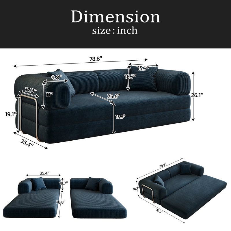 Canapé à compression de 78,8 po, canapé-lit convertible au sol avec accoudoirs avec dossier coussiné, canapé-lit à futon confortable, canapé modulaire désossé Loveseat, tissu en velours côtelé, pour le salon, la chambre à coucher