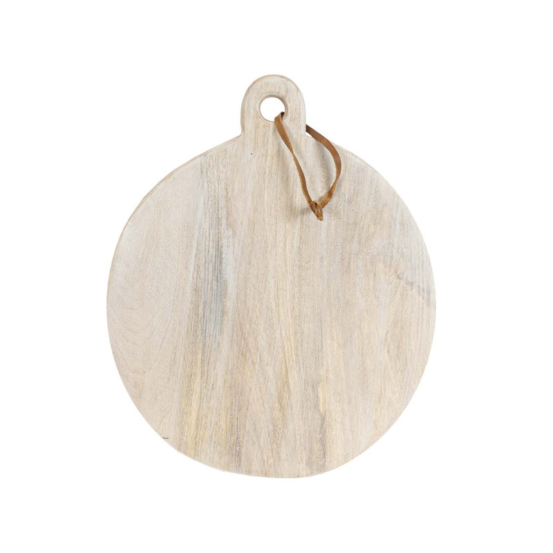 Foreside Home & Garden Round Serving Board Whitewash Wood with Leather Loop