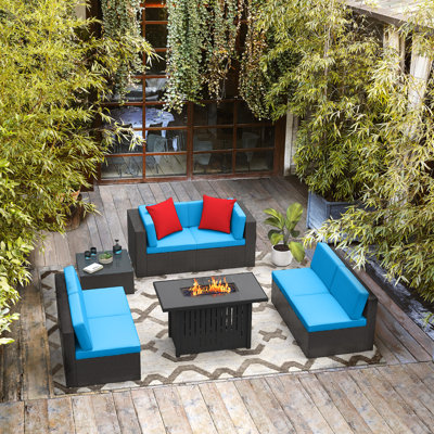 Ensemble de conversation pour 6 personnes avec ensemble de conversation en rotin pour 6 personnes avec table de foyer d'extérieur au propane 43 000 BTU