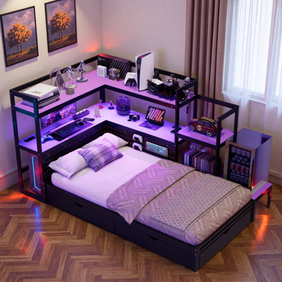 Modern Gaming Daybed With Integrated Desk, Bookcase, 3 Storage Drawers, Pegboard Headboard, Built-in Charging Station And Led Light