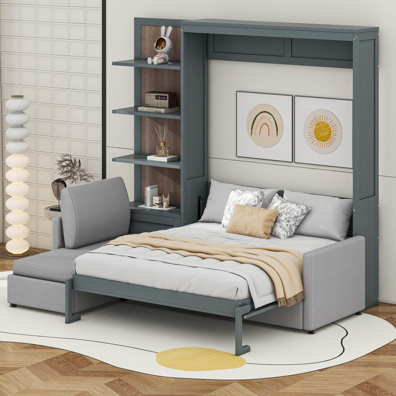 Queen Size Murphy Bed With Three Seater L Shaped Sofa And Storage Shelves, Grey