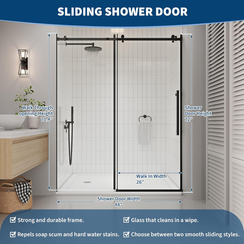 Frameless Sliding Glass Shower Door, 5/16" Clear Tempered Glass, 44-48"W x 72"H, Matte Black Finish, for Walk-In Bathroom