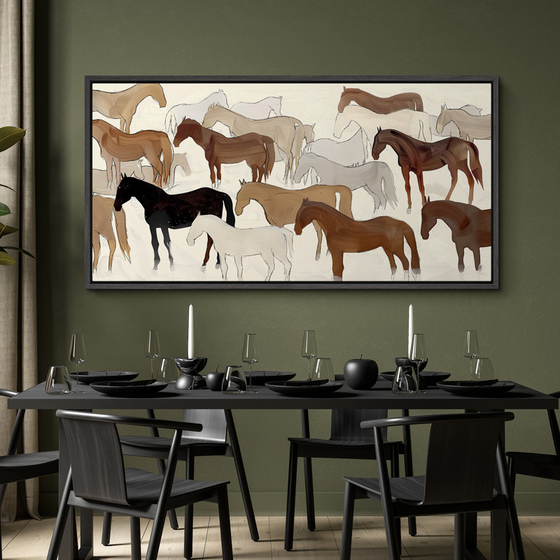 Illustration abstraite de chevaux dans des tons neutres, art moderne, H 30 po x l 60 po, Noir, noir, noir, noir