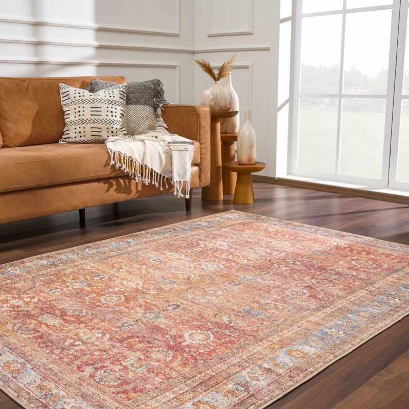 Anarhu Boho Damask Machine Washable Peach Area Rug, Rectangle 6'7" x 9'