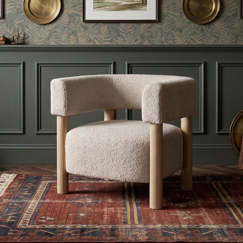 Fauteuil d'appoint rembourré en tissu bouclé avec coussin, structure en bois d'hévéa, fauteuil lounge confortable pour salon