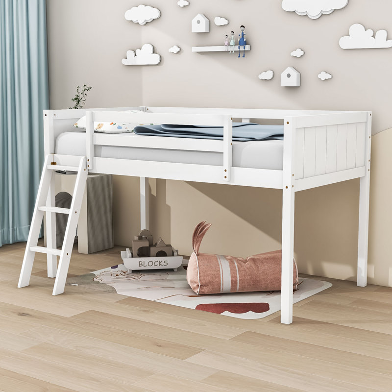 Lit mezzanine simple en bois avec échelle et lattes Jenet, Blanc
