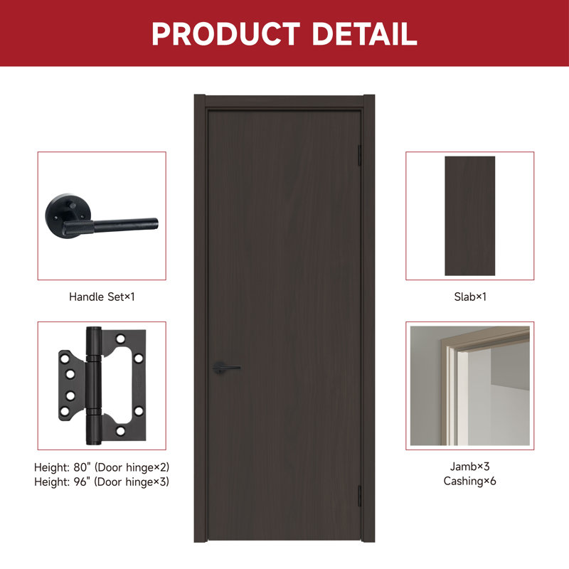Porte intérieure pleine à grain de bois foncé avec chambranle et moulure, 36 po x 96 po, Noyer