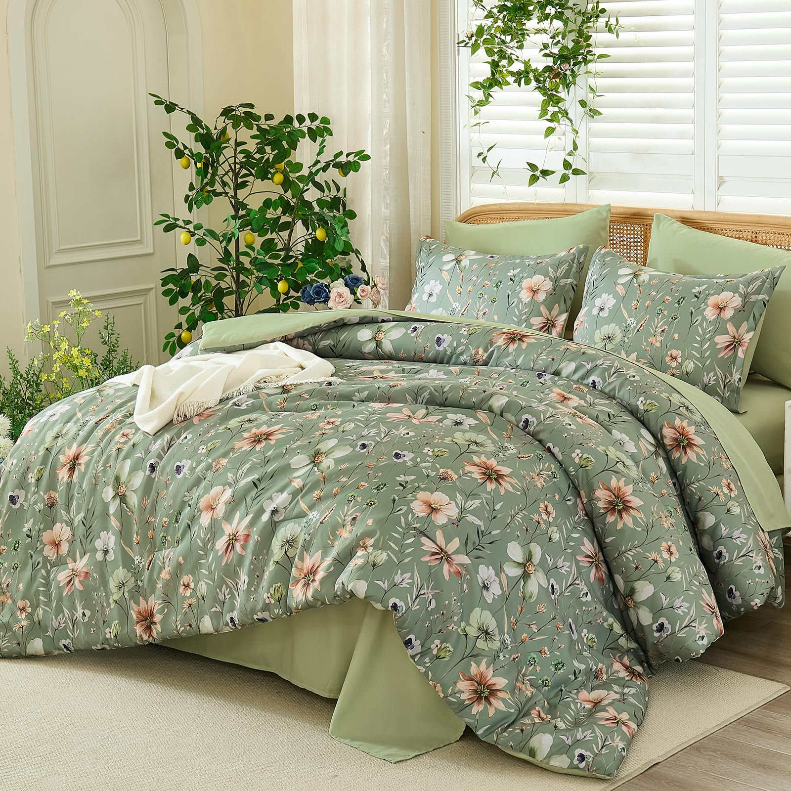 WONGS BEDDING 7 Pieces Floral Comforter Set, Flowers Leaves Pattern Bed ...