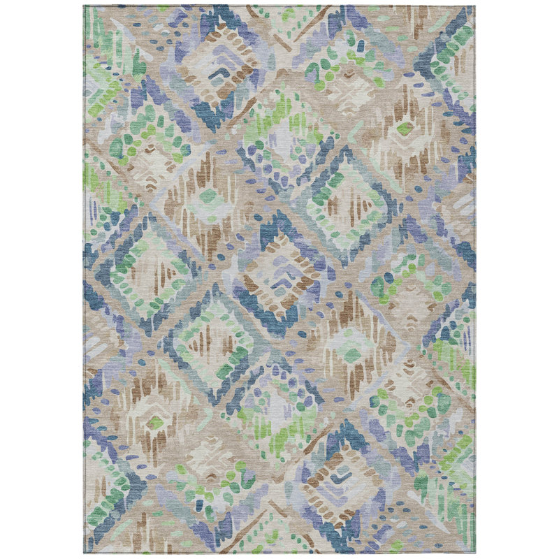 10' X 14' Beige Blue And Green Geometric Washable Indoor Outdoor Area Rug, Rectangle 10' X 14'