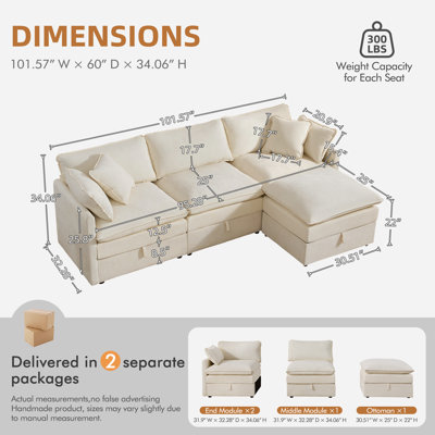 Greer 103" Modern 4 Seat Upholstered Chenille L Shaped Sectional Sofa with Storage Seats