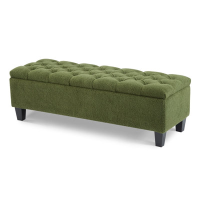 Ottoman Bench with Storage, Green Boucle Surface, Rubber Wood Legs, 300 lbs Capacity