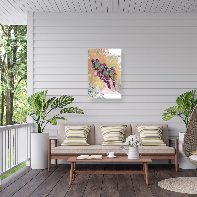 Bolognaise, paon enchevêtré, perroquets mauves, H 47 po x l 30 po