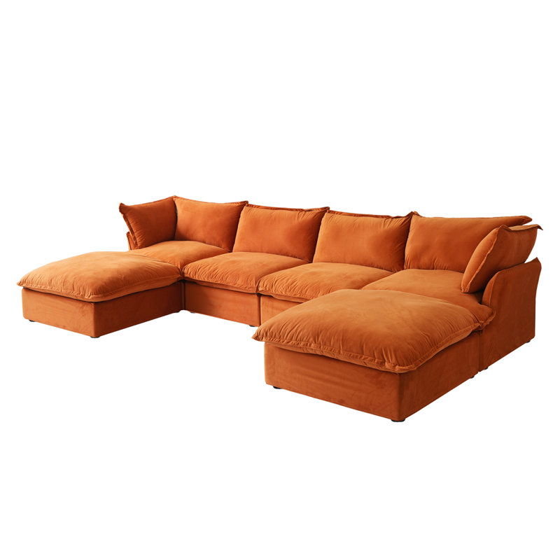 Fairford 6-Piece Upholstered Modern Corduroy Fabric Sectional Sofa With Ottoman, Orange Velvet