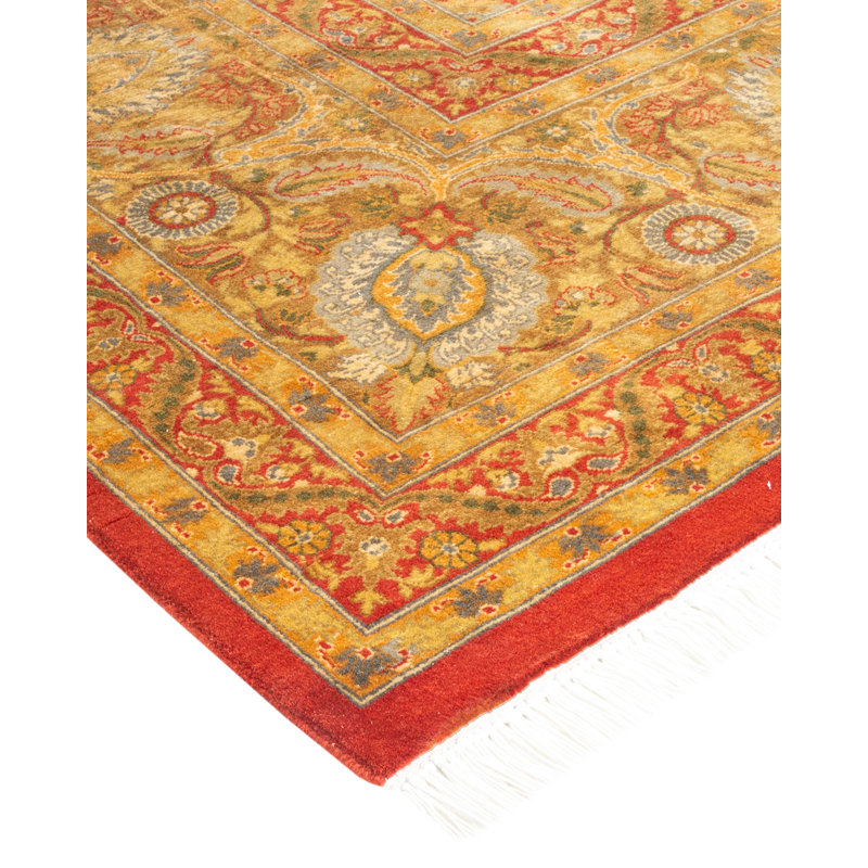 Tapis orange / jaune noué à la main de conception unique 8 pi 1 po x 10 pi 2 po Mogul