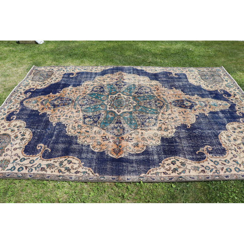 Tapis rétro bleu marine surdimensionné rétro avec motif de médaillon pour la maison et le salon