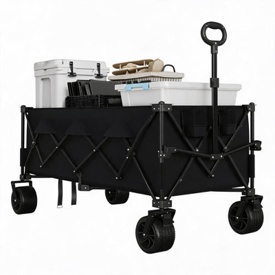Chariot pliable robuste de 132 cm (52 ​​po) - Chariot utilitaire extra large de 350 L avec une capacité de 209 kg (460 lb), roues tout-terrain, poignée réglable, poche latérale et porte-gobelets - Noir