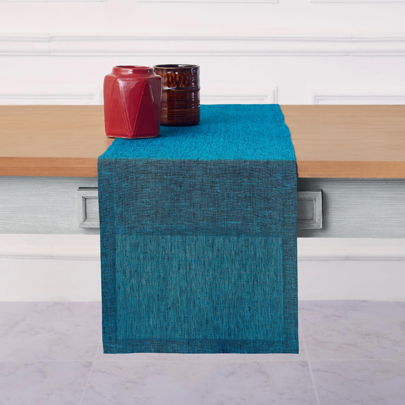100% Pure Linen Table Runner - Athena, Chambray Teal, 156" x 14"