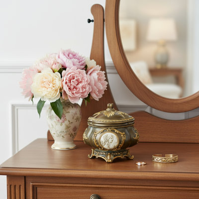 Boîte à bijoux à volutes florales 9 po bronze doré et blanc avec laque et finitions ultrabrillantes