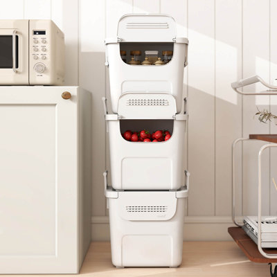 3 bacs de rangement en plastique avec porte avant et poignées latérales pour la cuisine, chambre blanche