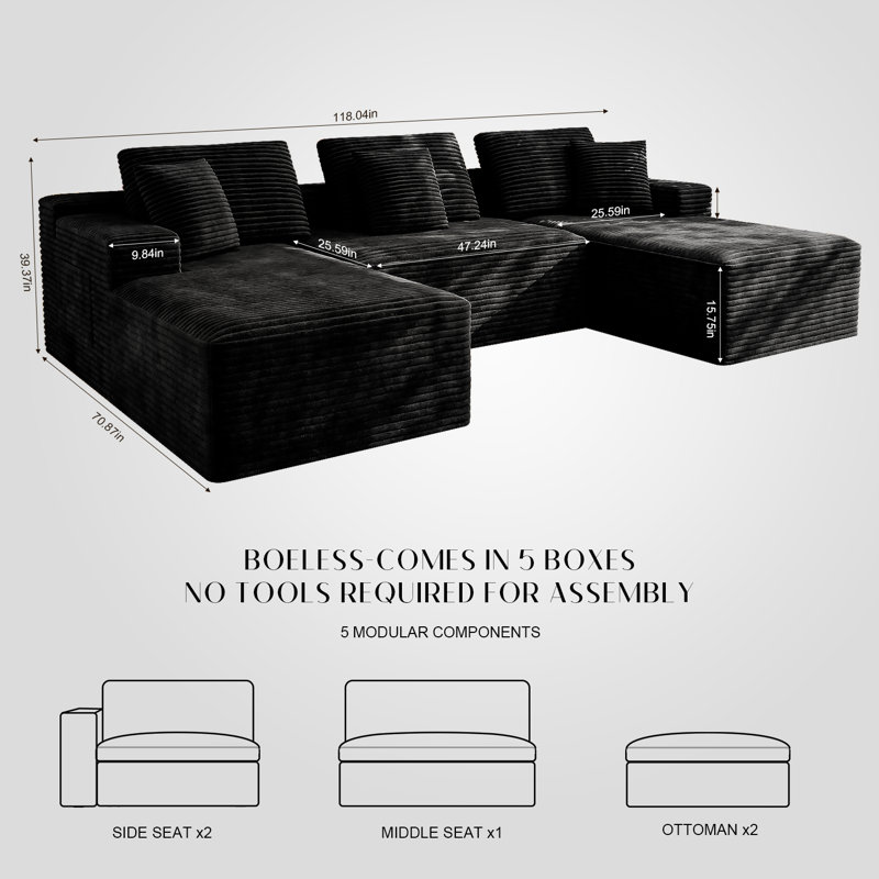 Koli 132" U-shaped Sectional Couch, Compression Sofa, Black Corduroy, 23.6" H x 132" W x 68.9" D, Black Corduroy
