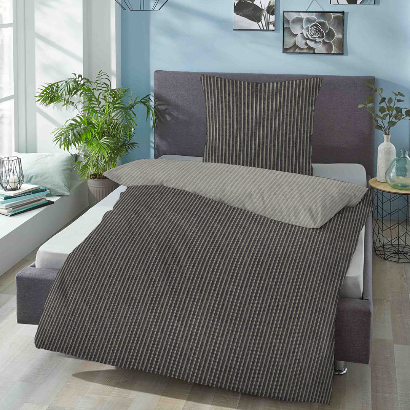 Cotton Striped Duvet Cover Set with Pillowcases Included, Titanium, 155 x 200cm - 1 Pillowcase (80 x 80cm)