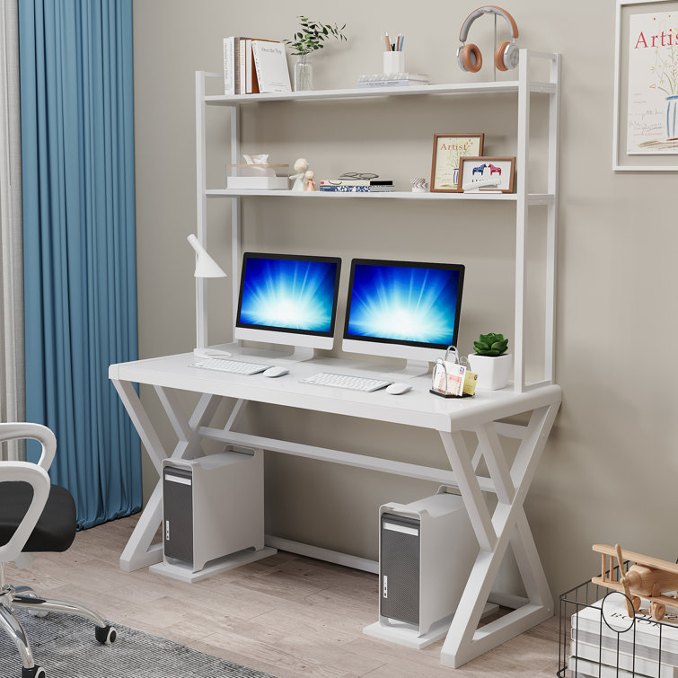 Heuss 55.1'' Computer Desk with Shelves, Tempered Glass Top Home Office Desks Ivy Bronx Color: White
