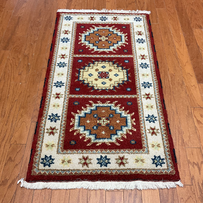 Tapis décoratif en laine de conception unique noué à la main Bourgogne/beige 2 pi 1 po x 4 pi 1 po