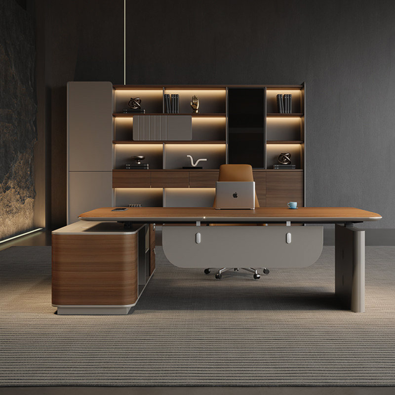 Bureau électrique moderne à hauteur réglable en L brun et gris à deux tons pour cadres et cadres modernes