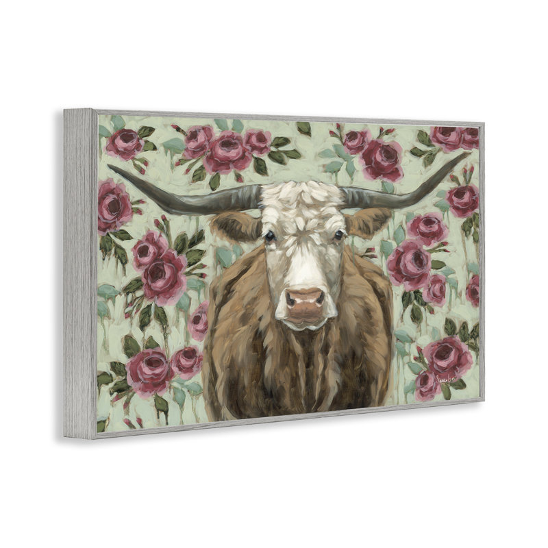 «Longhorn with Magenta Blooms», estampe numérique, design par Sara G. Designs, H 16 po x l 24 po, Estampe numérique Farmhouse