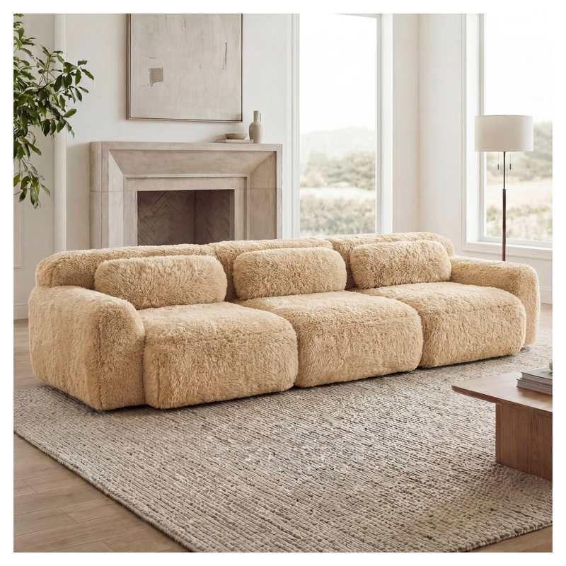 Canapé modulaire moelleux et moelleux de 114 po avec 3 coussins décoratifs et kaki clair, Tan Fabric/Faux Fur