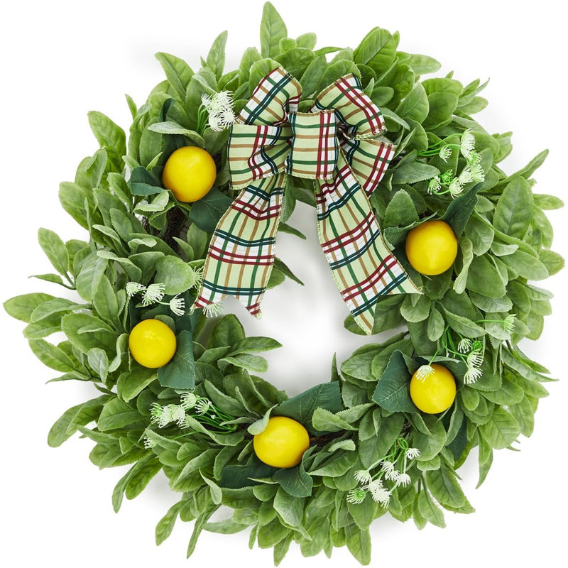 Couronne de citron de 20 po pour la porte d'entrée, couronne de printemps artificielle d'été avec feuilles d'oreille en agneau et nœud à carreaux pour fenêtre de porche décor de ferme de cuisine
