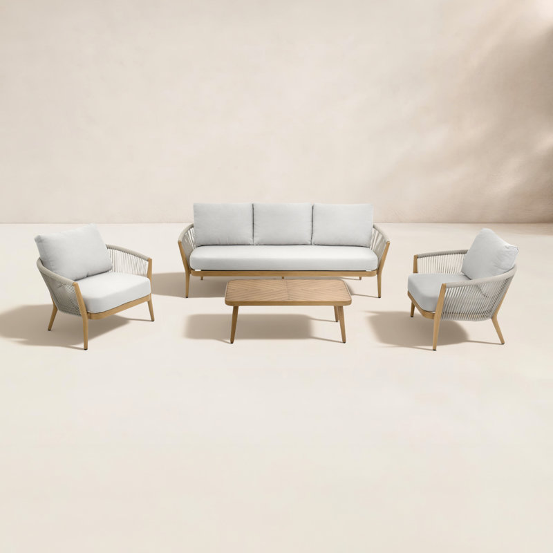 Turin 5-Piece Outdoor Conversation Set with Sunbrella Cushions, Hand-Brushed Wood-Grain Aluminum Frame, Hand-Woven Rope Sofa Group for Patio & Poolside
