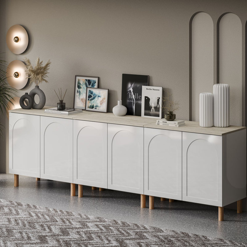 Bohem Sideboard with MDF Doors, White/Traverten, 34" x 105" W x 20" D