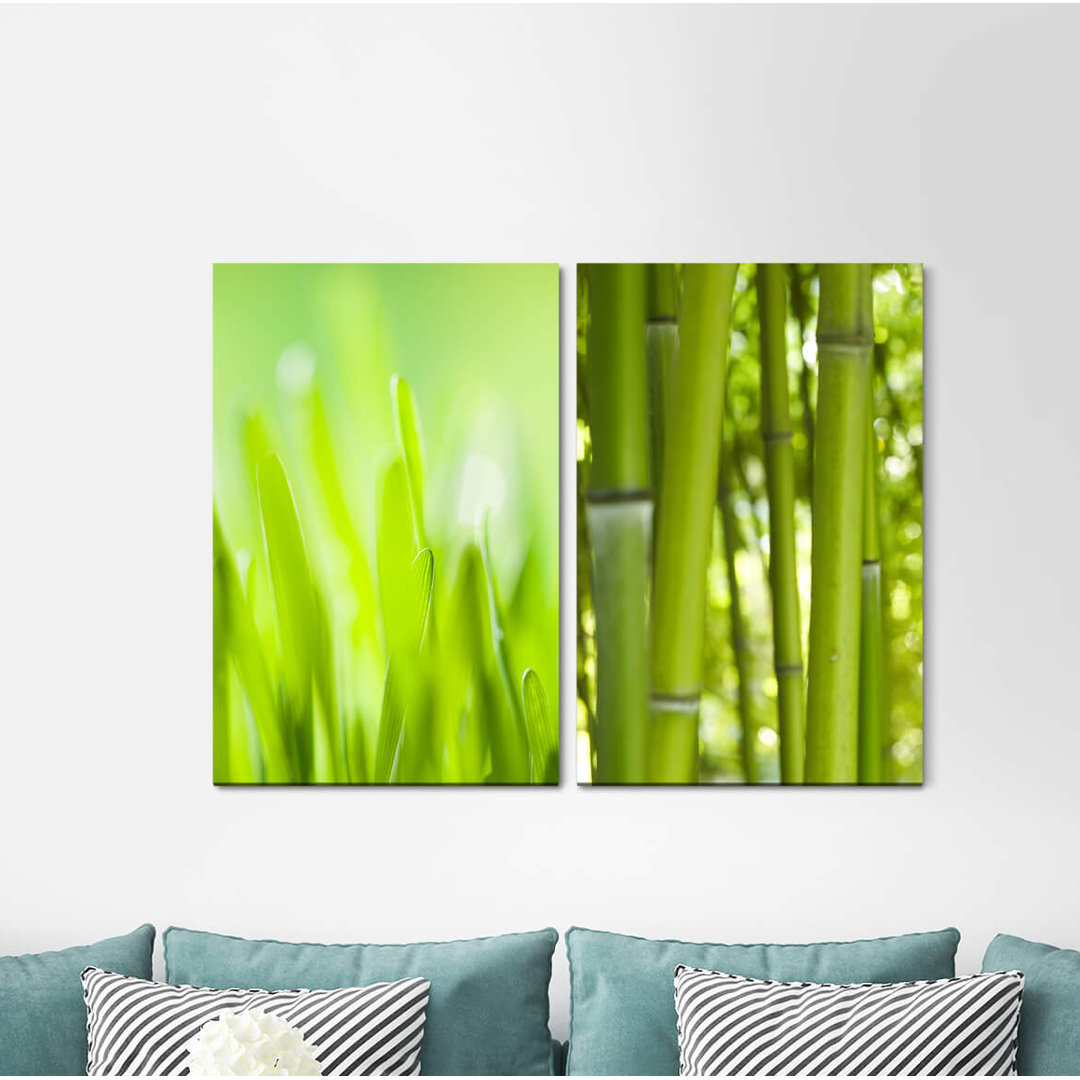 2-tlg. Leinwandbilder-Set - Grafikdruck „Grass Blades of Grass Bamboo Asia Summer Fresh”