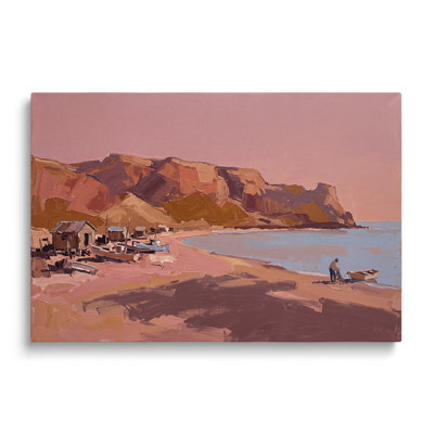 Tableau multicolore sur toile rose représentant un paysage côtier, une œuvre d'art murale picturale représentant un village de pêcheurs sur une falaise, idéale pour le salon, la salle à manger et la chambre.