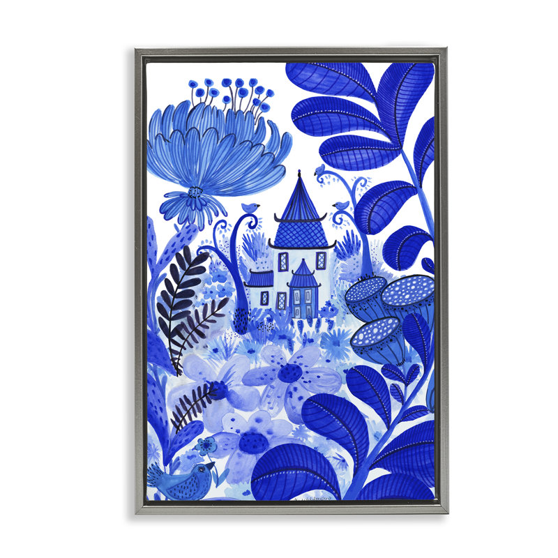 Cadre flottant fantaisiste bleu, par Kay Widdowson, H 31 po x l 21 po, Cadre flottant gris lustré