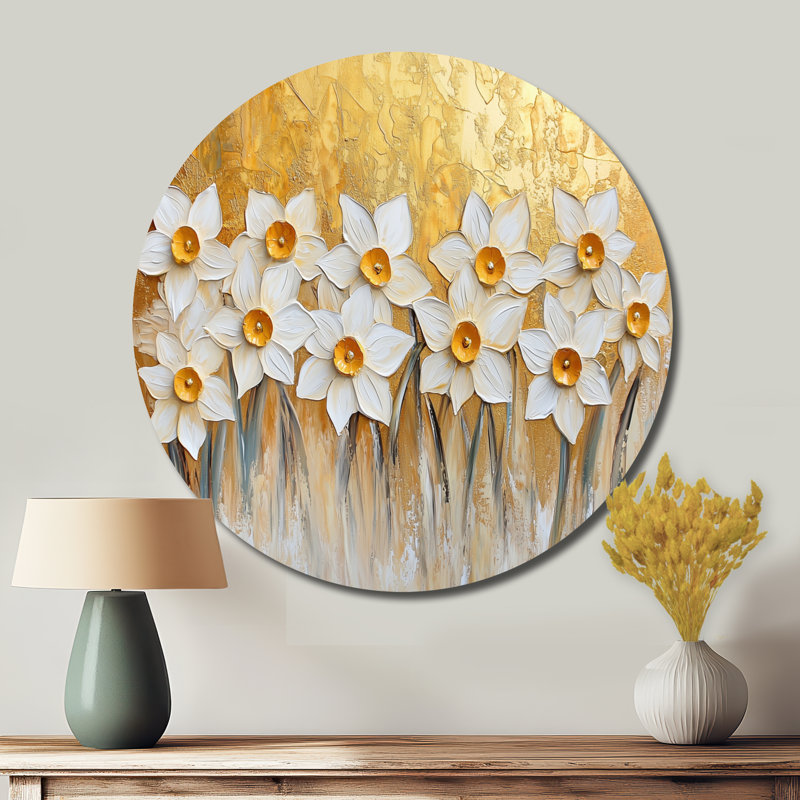 Jonquilles dorées dorées - art mural éclectique moderne grand rond, art mural en métal doré, H 23 po x l 23 po