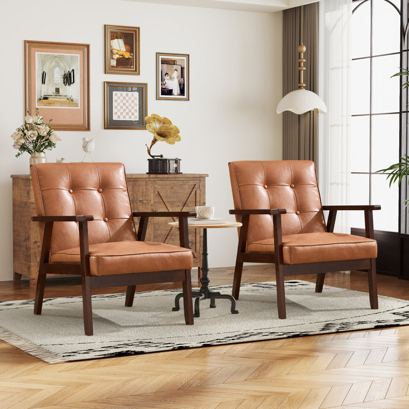 Chaise d'appoint rembourrée capitonnée classique avec pieds en bois massif Chesterle, Similicuir brun