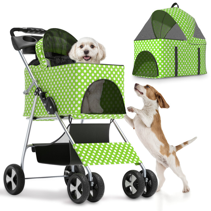 Folding Pet Stroller, Foldable Dog Jogger Stroller with Detachable Carrier, Basket and Cup Holder, Green/White