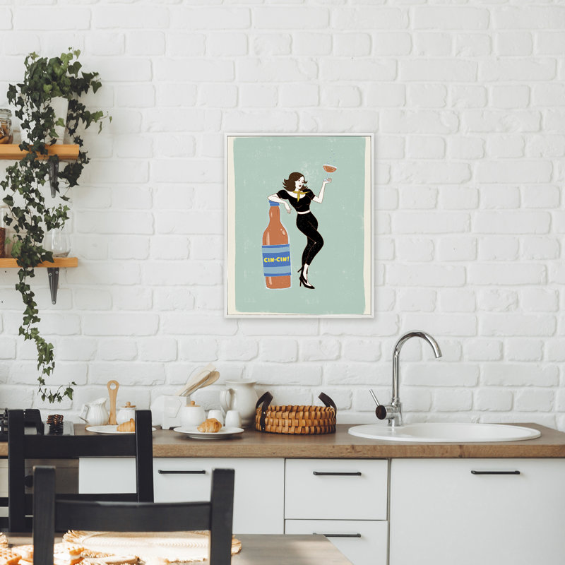 «Cin Cin», affiche italienne rétro encadrée, design par Rachel Nieman, H 20 po x l 16 po, Giclée encadrée blanc bord de mer